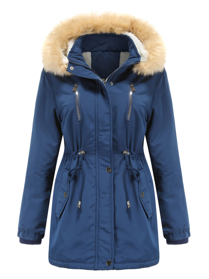 Faux Fur Hooded Winter Coat with Adjustable Waist and Front Closure
