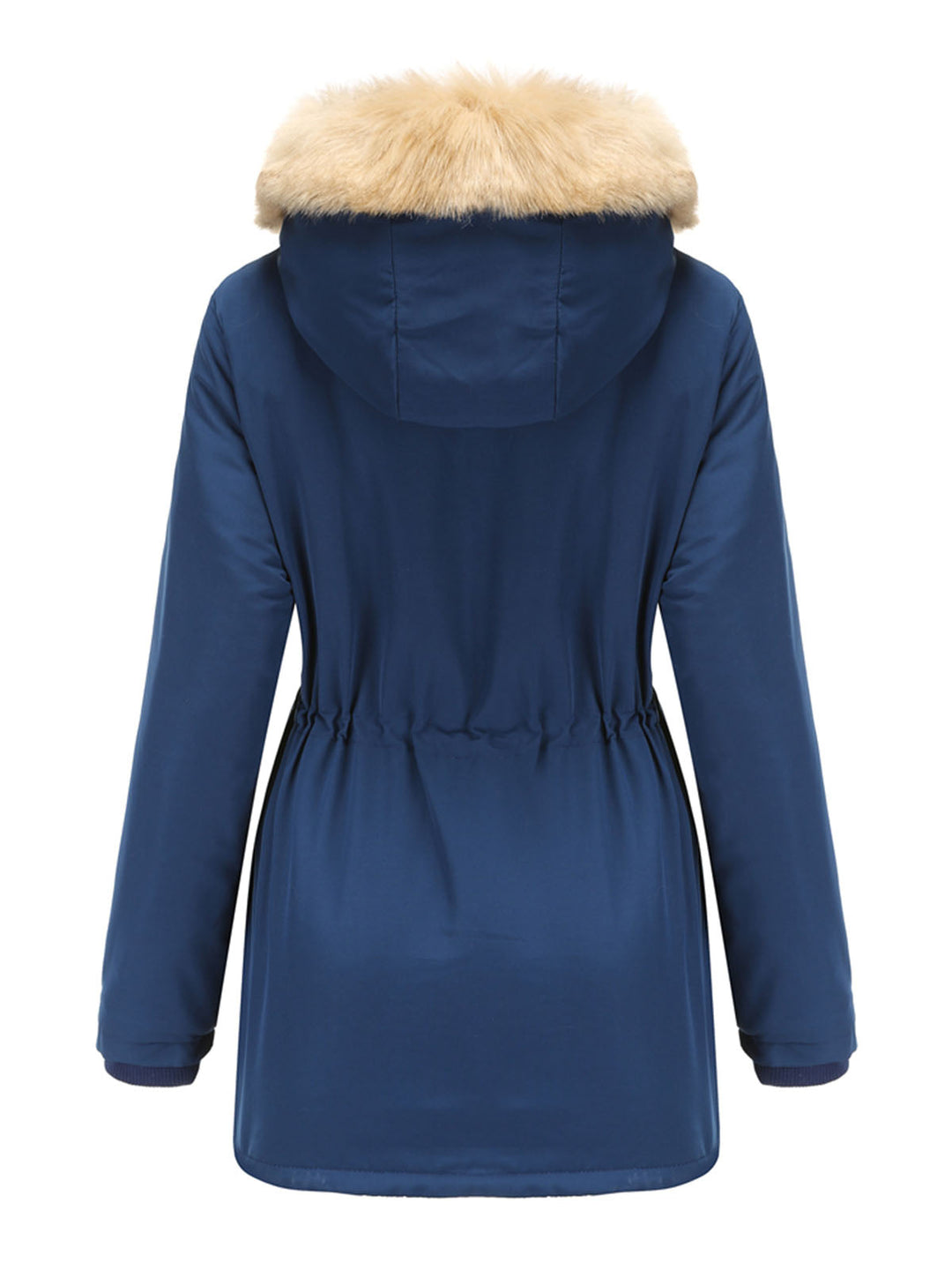 Faux Fur Hooded Winter Coat with Adjustable Waist and Front Closure