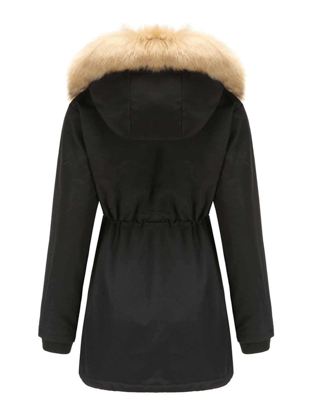Faux Fur Hooded Winter Coat with Adjustable Waist and Front Closure