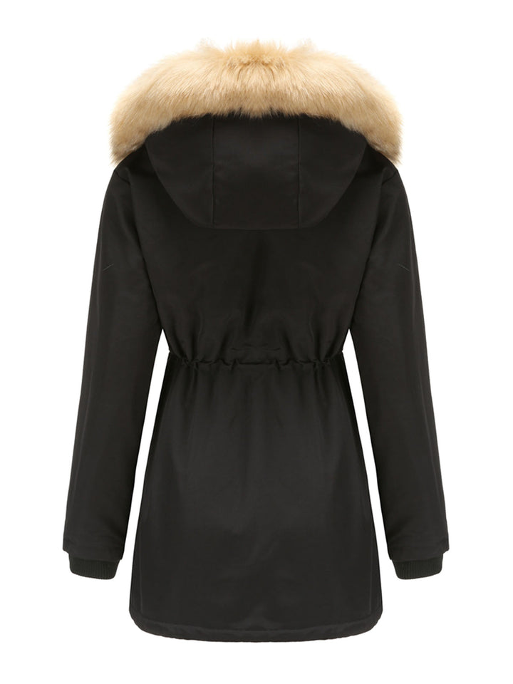 Faux Fur Hooded Winter Coat with Adjustable Waist and Front Closure