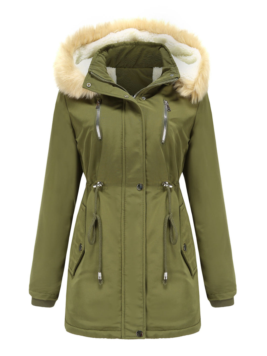 Faux Fur Hooded Winter Coat with Adjustable Waist and Front Closure
