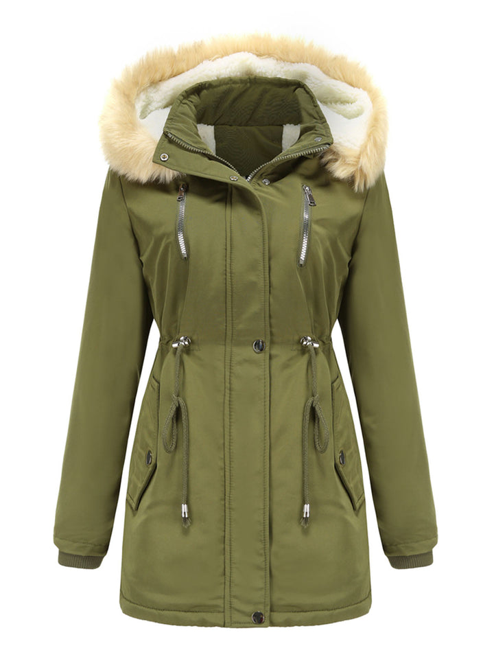 Faux Fur Hooded Winter Coat with Adjustable Waist and Front Closure