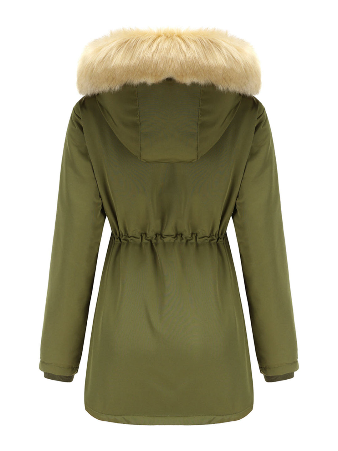Faux Fur Hooded Winter Coat with Adjustable Waist and Front Closure
