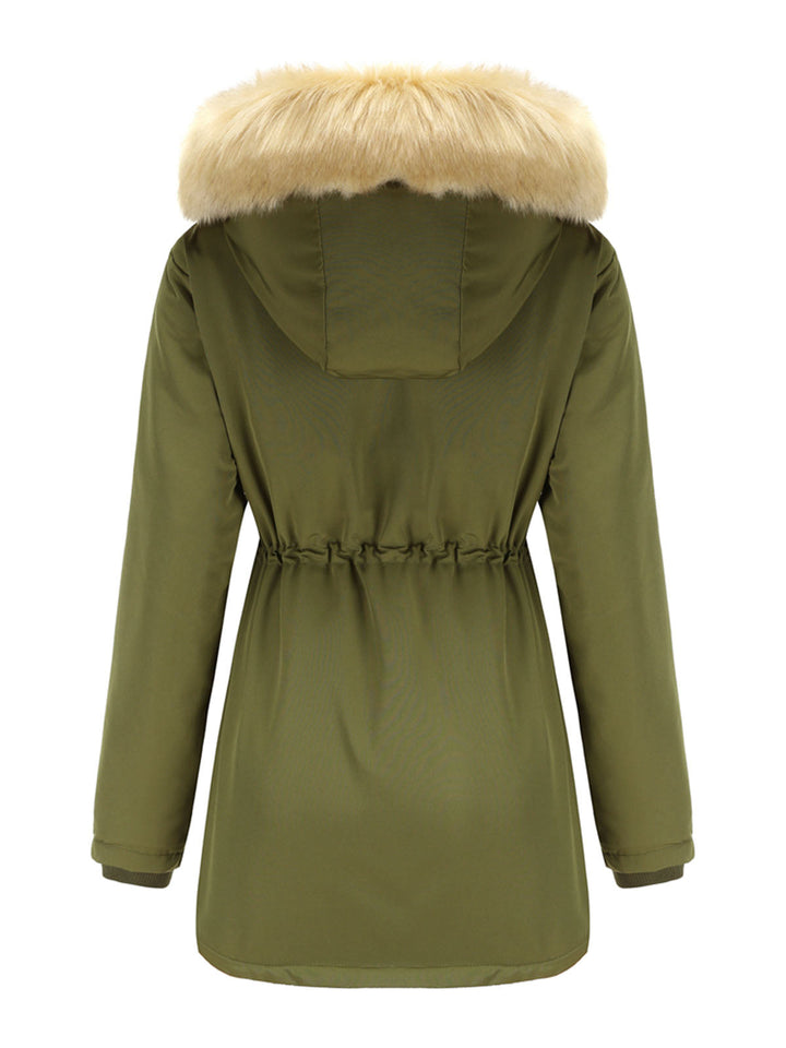 Faux Fur Hooded Winter Coat with Adjustable Waist and Front Closure