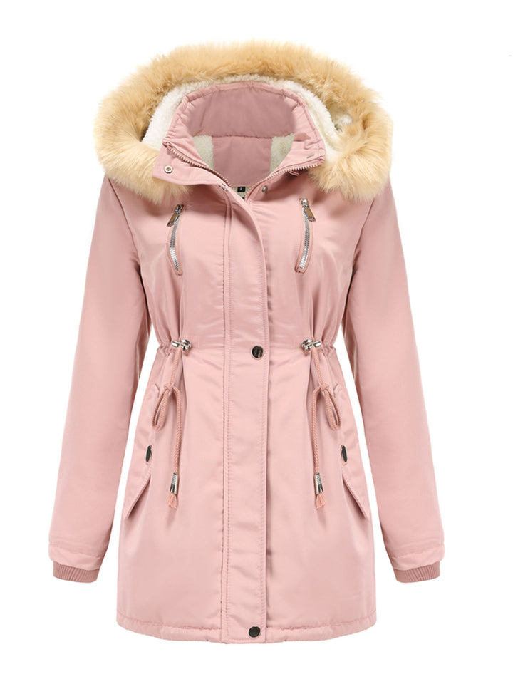 Faux Fur Hooded Winter Coat with Adjustable Waist and Front Closure