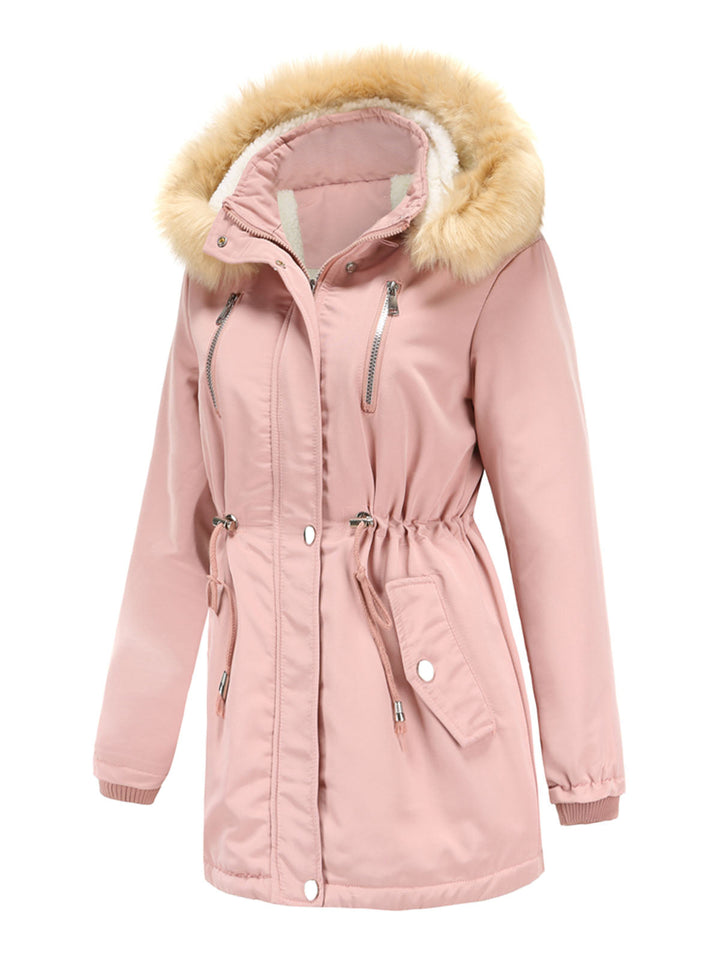 Faux Fur Hooded Winter Coat with Adjustable Waist and Front Closure