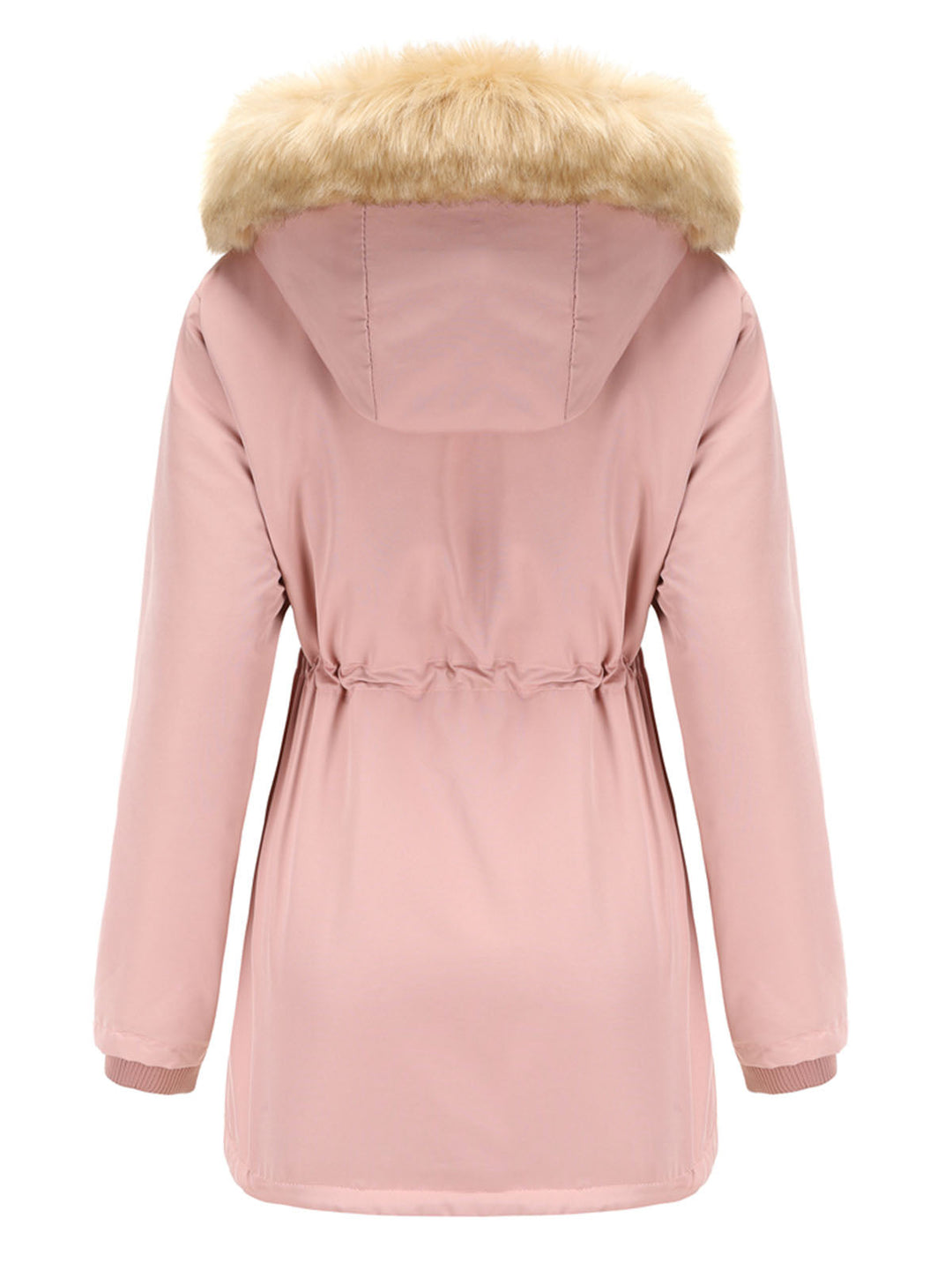 Faux Fur Hooded Winter Coat with Adjustable Waist and Front Closure