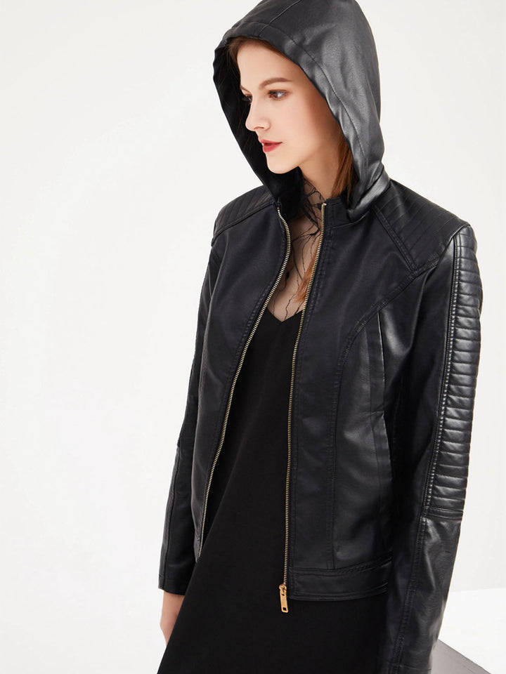 Women’s Hooded Zip Front Jacket with Quilted Shoulder Panels