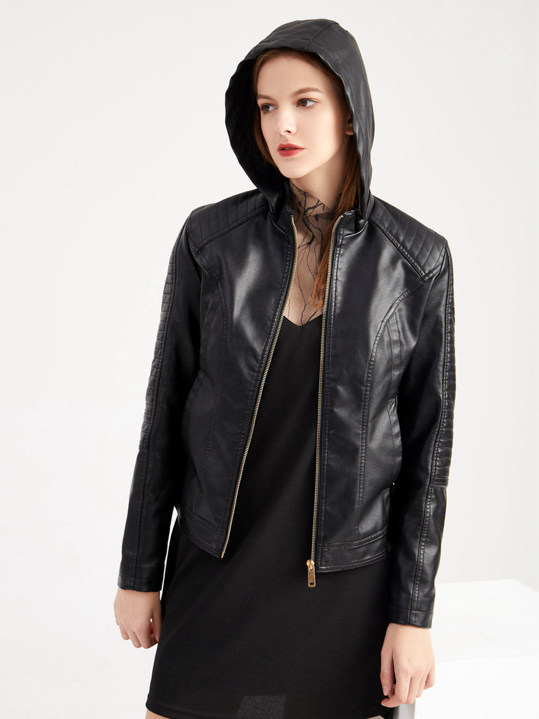 Women’s Hooded Zip Front Jacket with Quilted Shoulder Panels