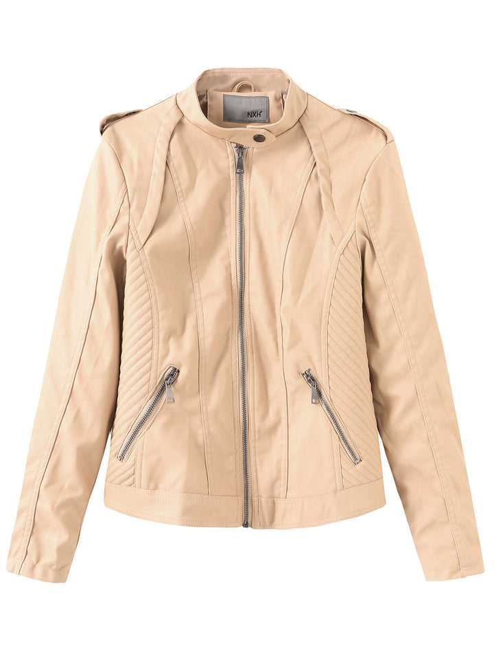 Stand Collar Zip Jacket with Quilted Panel Detailing