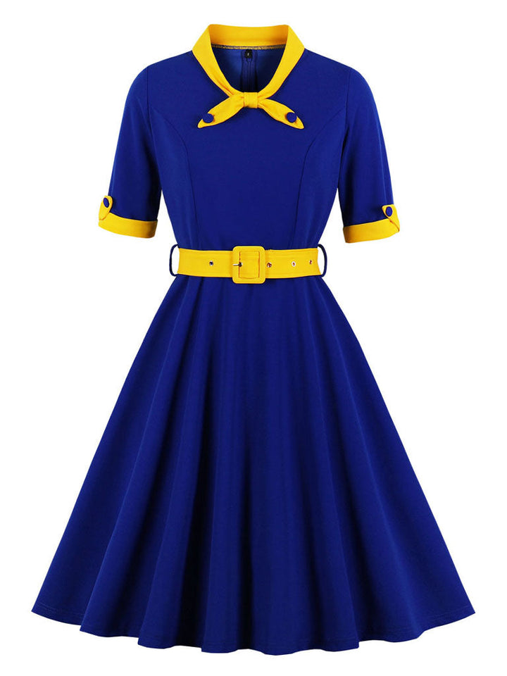 Women’s Vintage-Inspired Dress with Bow Collar and Waist Belt