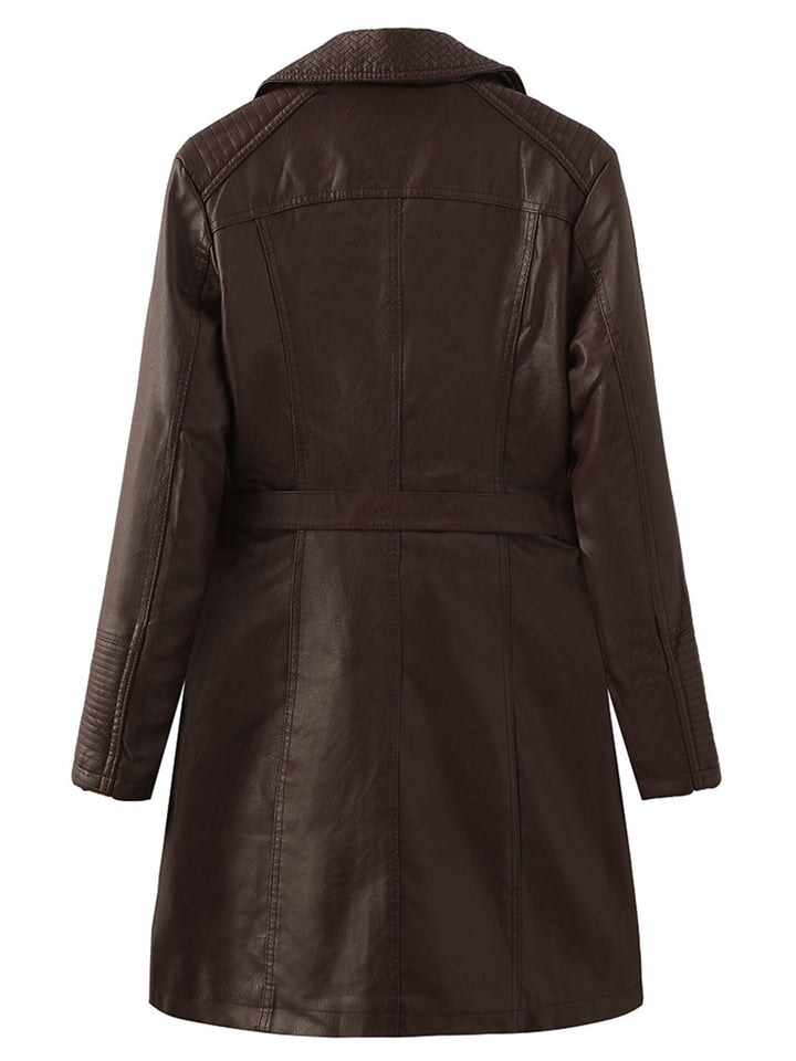 Double-Breasted Belted Long Jacket with Structured Lapel Collar