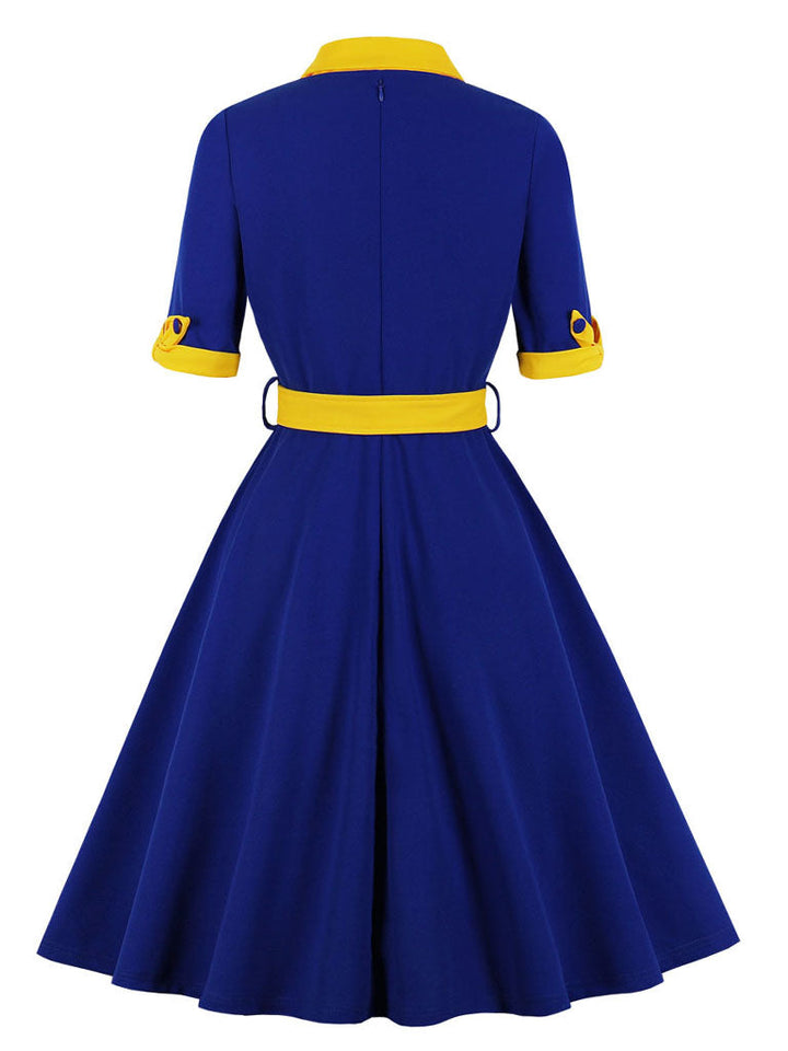 Women’s Vintage-Inspired Dress with Bow Collar and Waist Belt