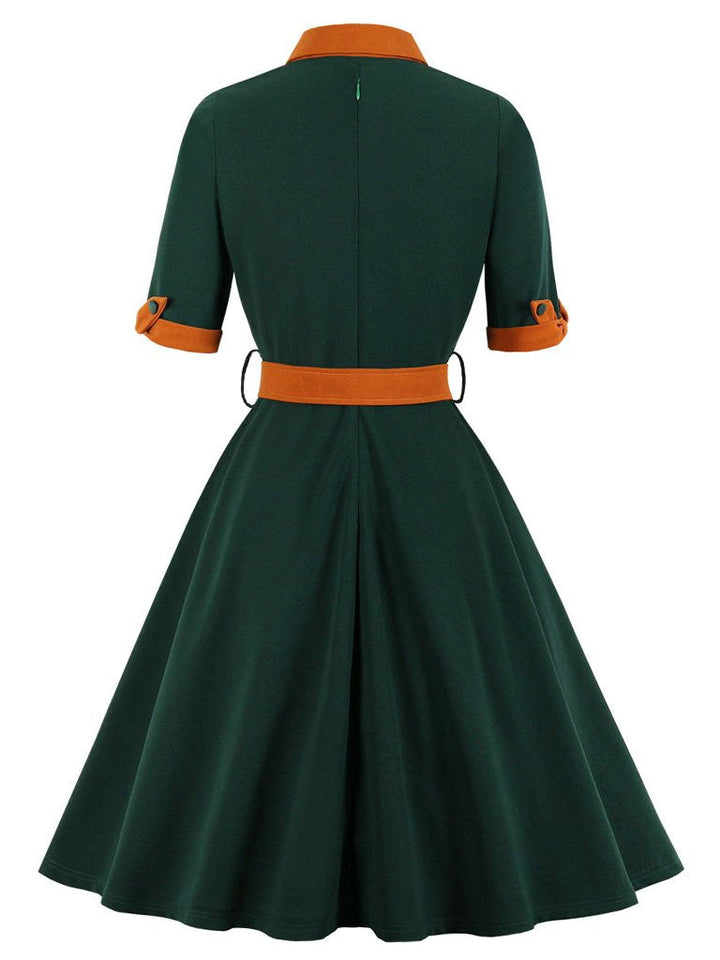 Women’s Vintage-Inspired Dress with Bow Collar and Waist Belt