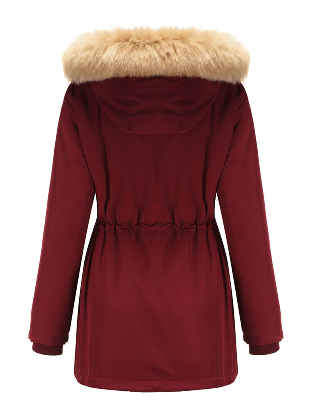 Faux Fur Hooded Winter Coat with Adjustable Waist and Front Closure