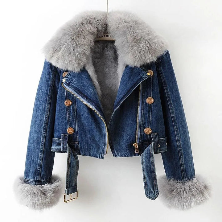 Women’s Cropped Denim Jacket with Faux Fur Collar and Cuffs