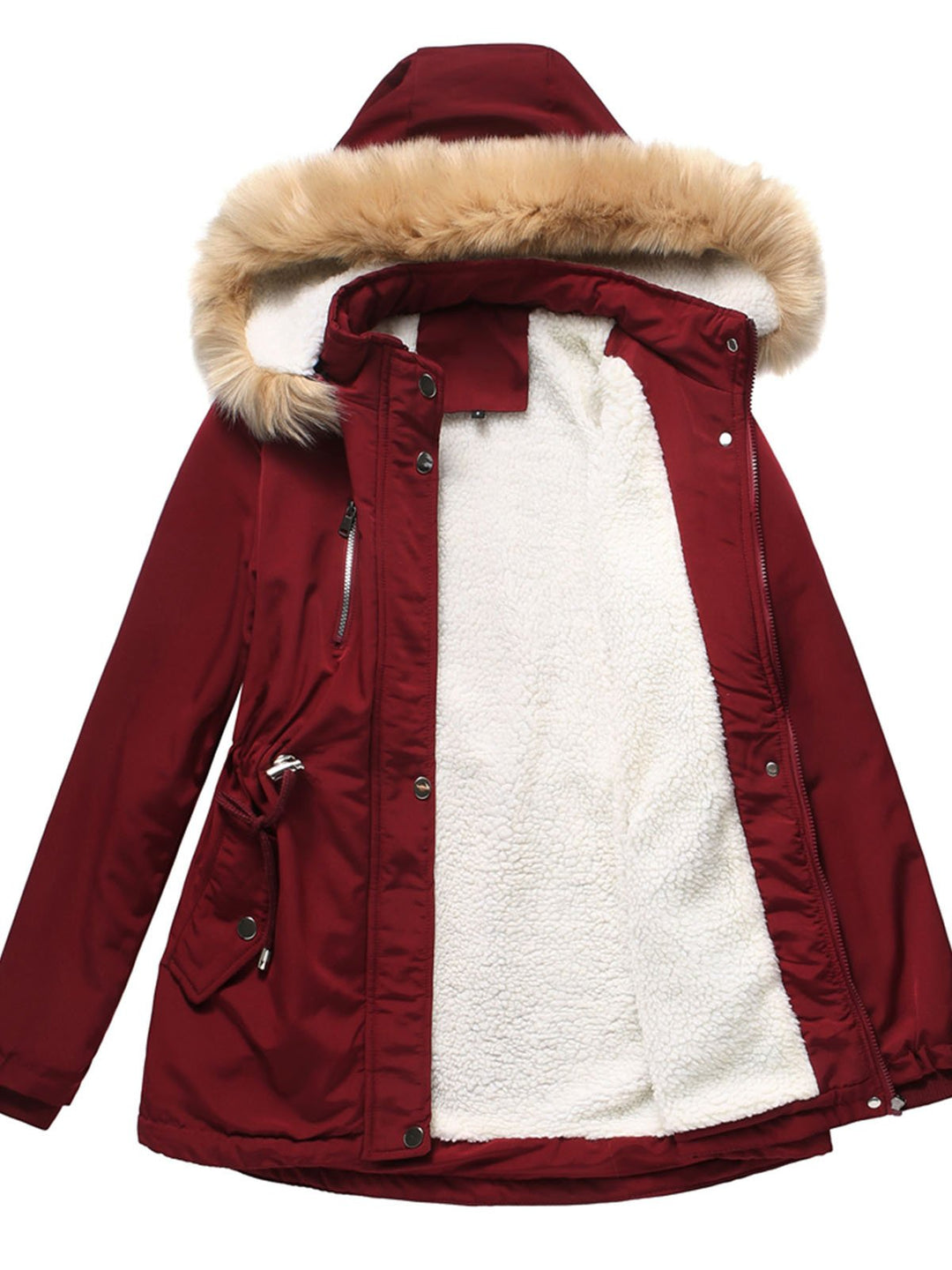 Faux Fur Hooded Winter Coat with Adjustable Waist and Front Closure