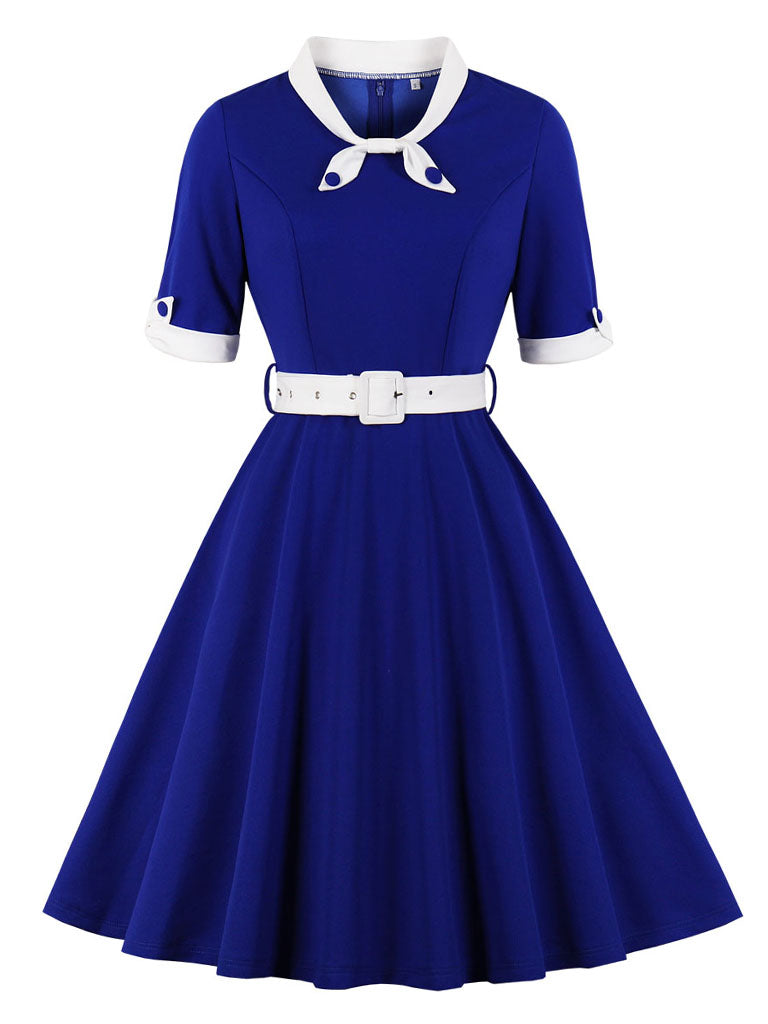 Women’s Vintage-Inspired Dress with Bow Collar and Waist Belt