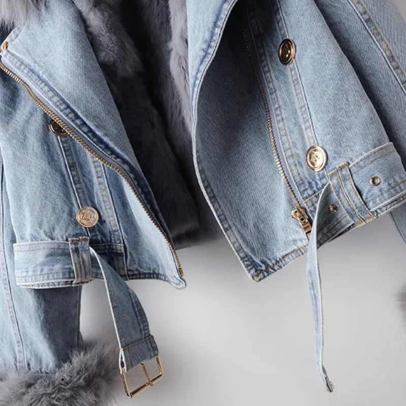 Women’s Cropped Denim Jacket with Faux Fur Collar and Cuffs