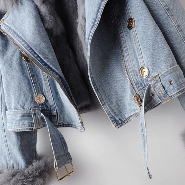 Women’s Cropped Denim Jacket with Faux Fur Collar and Cuffs