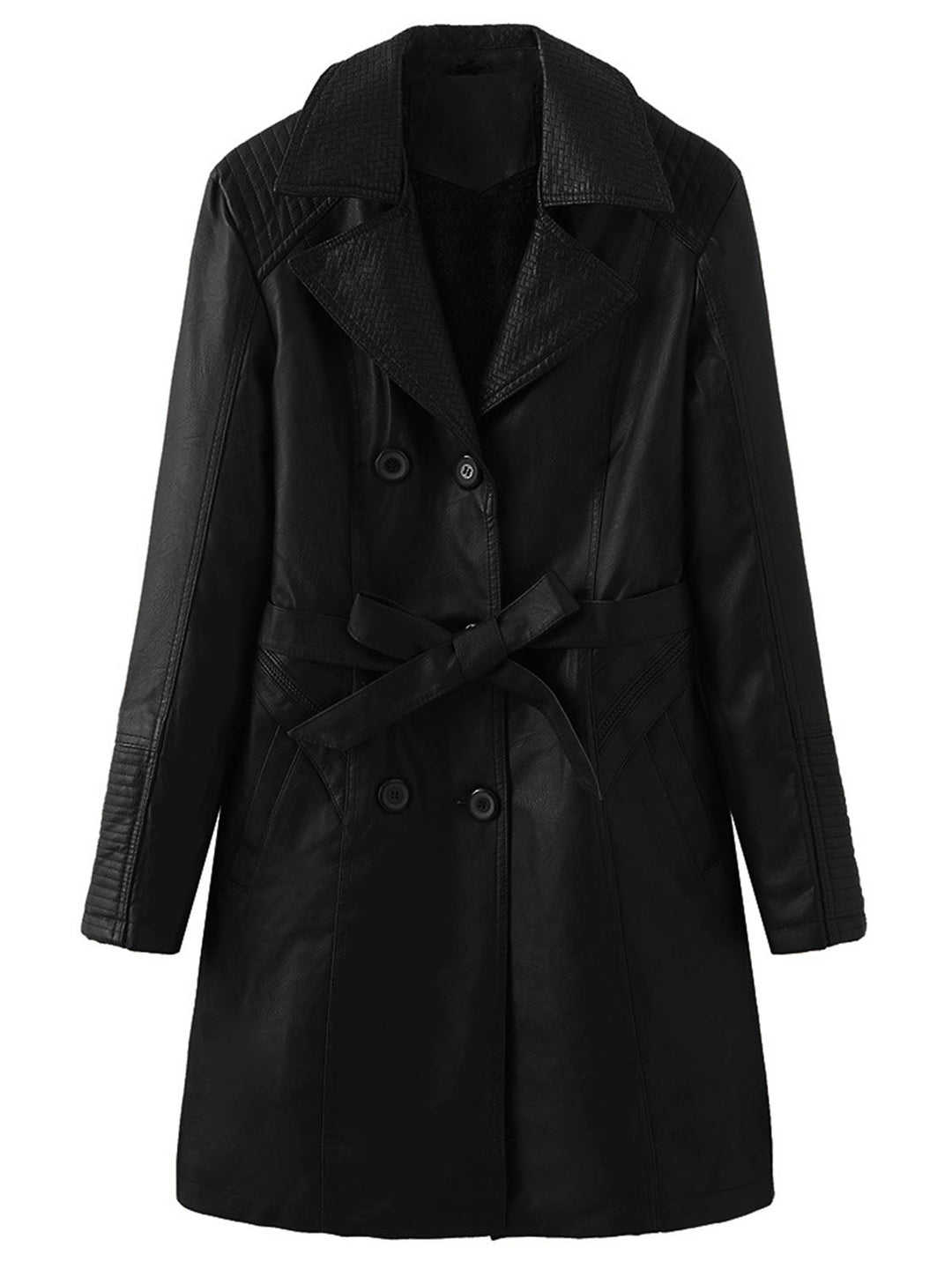 Double-Breasted Belted Long Jacket with Structured Lapel Collar