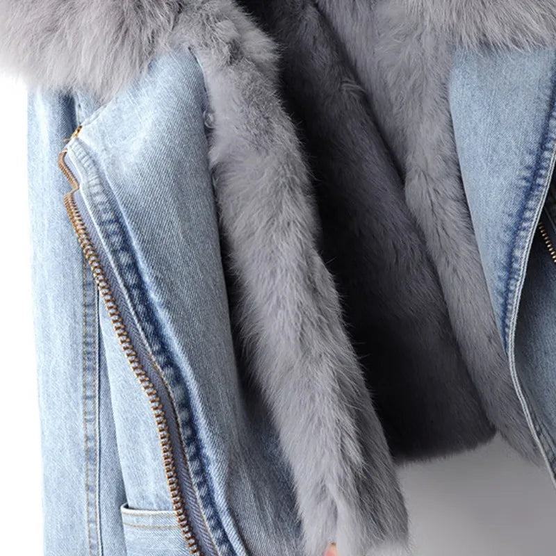 Women’s Cropped Denim Jacket with Faux Fur Collar and Cuffs