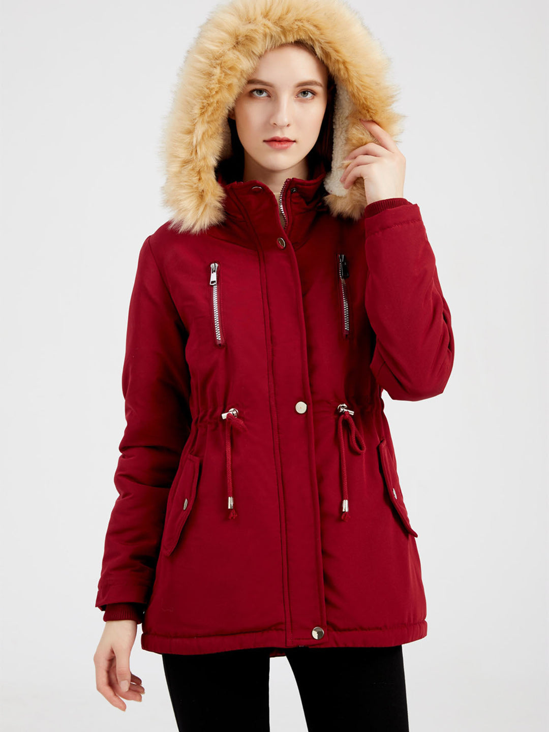 Faux Fur Hooded Winter Coat with Adjustable Waist and Front Closure