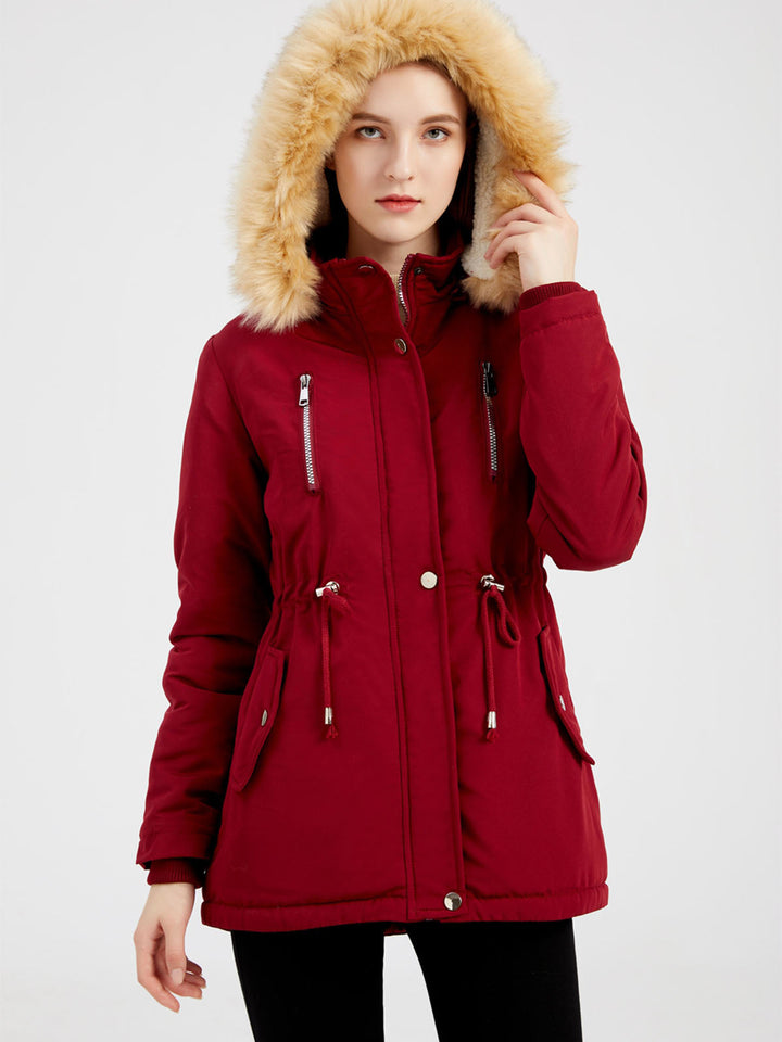Faux Fur Hooded Winter Coat with Adjustable Waist and Front Closure