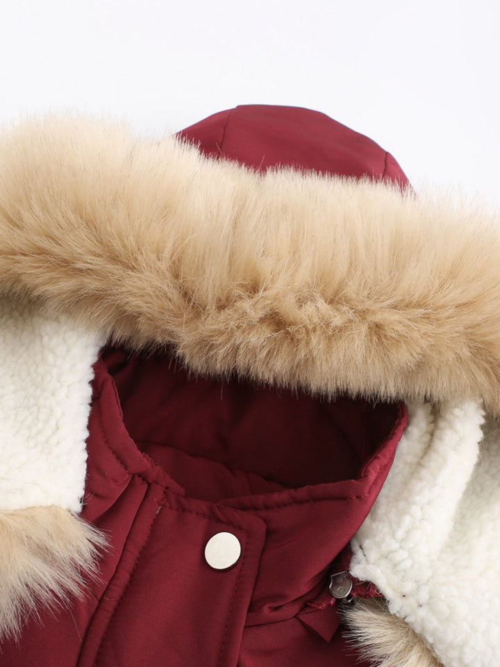 Faux Fur Hooded Winter Coat with Adjustable Waist and Front Closure