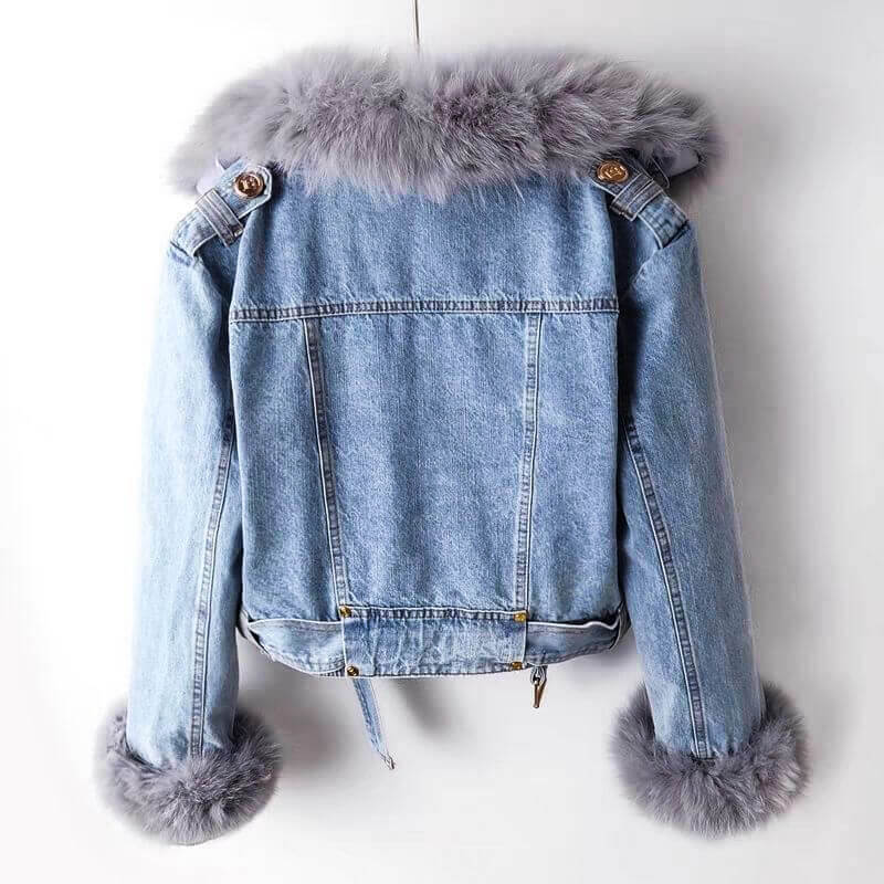 Women's Faux Fur Collar Denim Jacket with Decorative Button Details