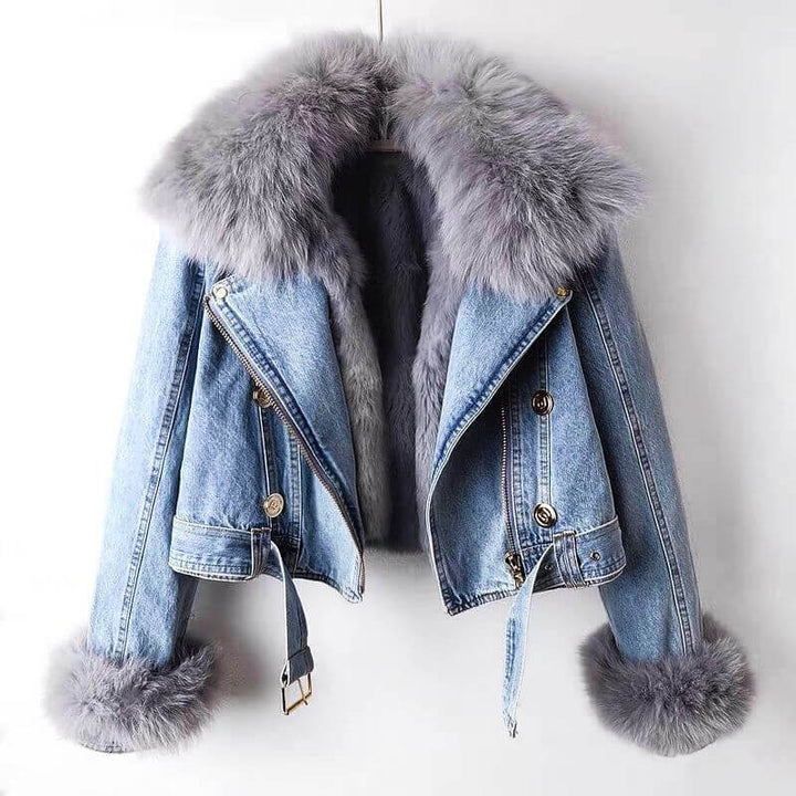 Women's Faux Fur Collar Denim Jacket with Decorative Button Details