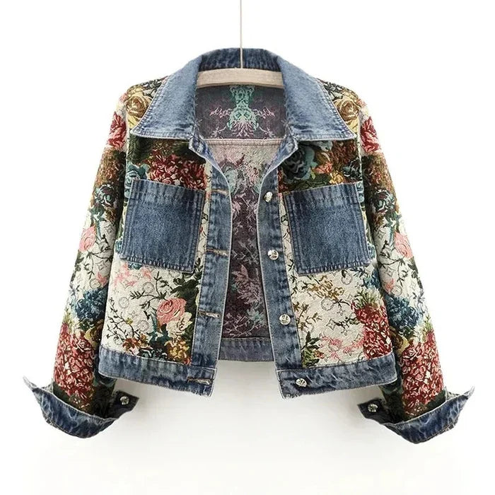 Women's Floral Patchwork Denim Jacket with Front Button Closure