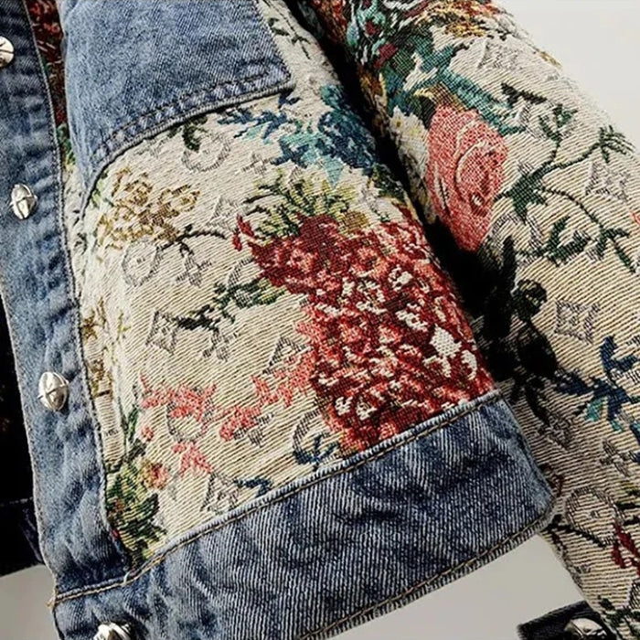 Women's Floral Patchwork Denim Jacket with Front Button Closure