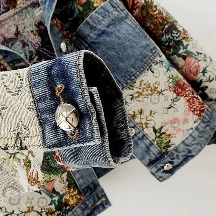 Women's Floral Patchwork Denim Jacket with Front Button Closure