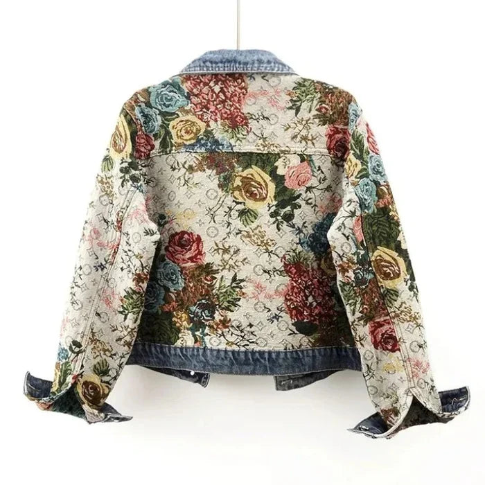 Women's Floral Patchwork Denim Jacket with Front Button Closure