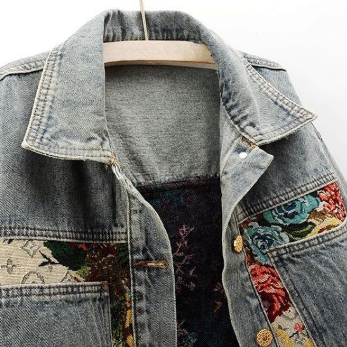 Women's Floral Patchwork Denim Jacket with Front Button Closure