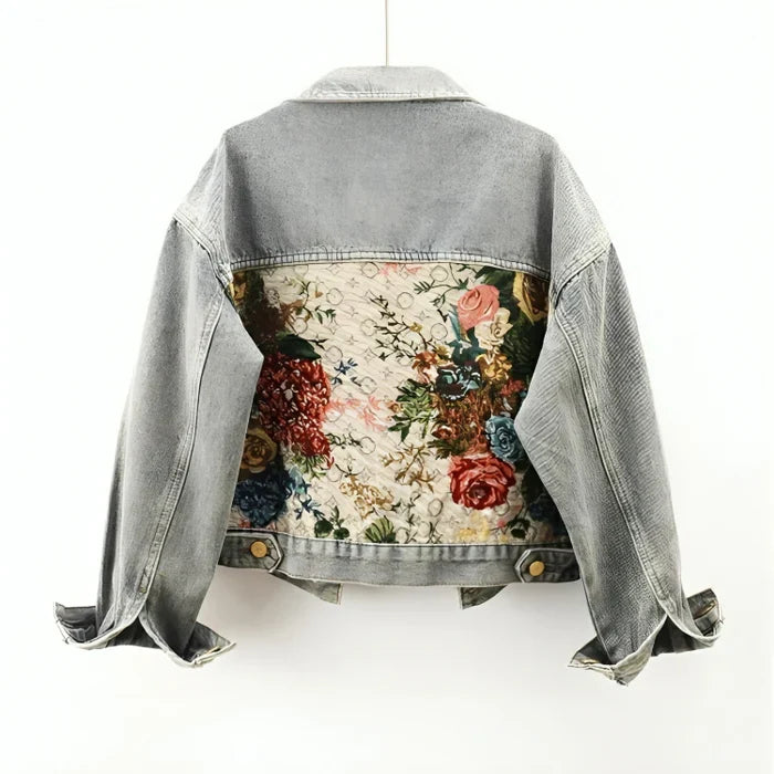 Women's Floral Patchwork Denim Jacket with Front Button Closure